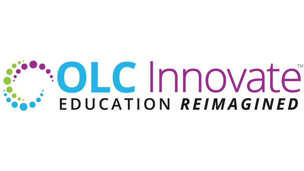 Swirly graphic on left with the words OLC Innovate 2023 Education Reimagined