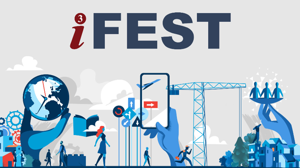 iFEST artwork with abstract hands, globe, clock, people, gears, open book, Lego brick, street signs, mobile phone, airplane, construction site crane, and houses
