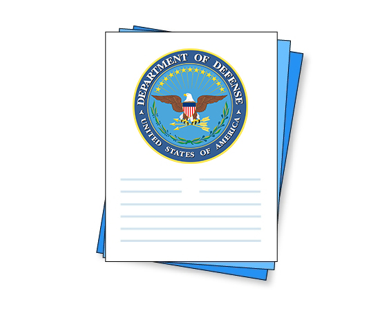 stack of documents with department of defense logo on top document in stack