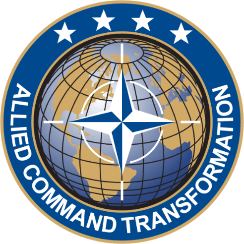 Circular logo with a 4-pointed star in the middle of a globe, then around the outside: 4 stars, and the words Allied Command Transformation