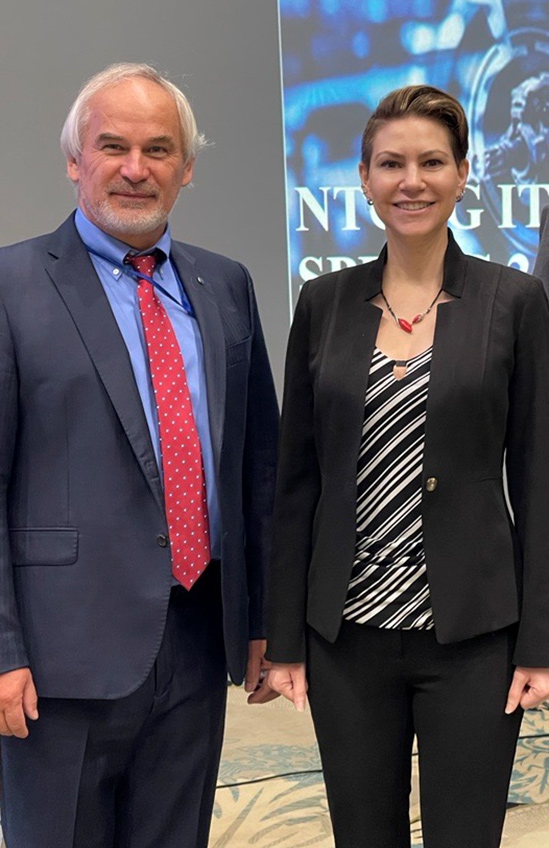 Dr. Sae Schatz, National Co-Chair to the NATO Training Group Task Group for Individual training and Education Developments, with the Task Group Chairman Mr. Paul Thurkettle, NATO ACT, during the Spring Meeting in Sarajevo, Bosnia-Herzegovina held in May 2022.