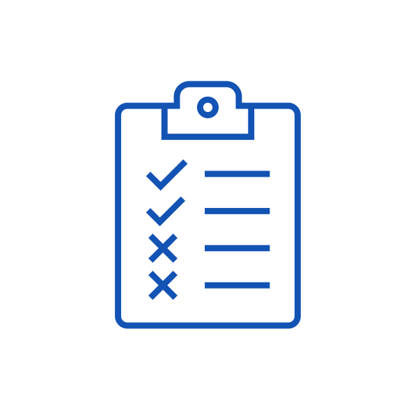 Line art of a clipboard holding a paper checklist in which two lines have a checkmark, the next two lines have an x